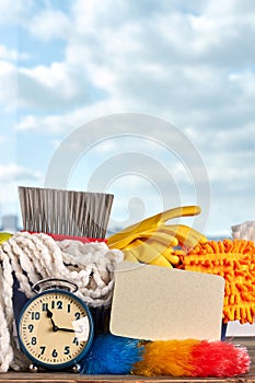 Cleaning products and alarm clock.