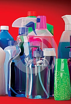 Cleaning products in bottles.