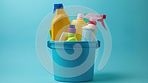 Cleaning products in bucket on blue background