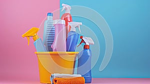 Cleaning products in bucket on blue and pink background