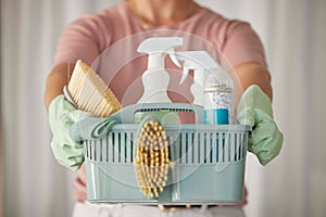 Cleaning products, cleaner service hands and home clean basket for house disinfection of dusk. Chemical, brush and woman