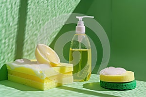 Cleaning products with a fresh lemon and sponges on a green background, ideal for household cleaning supplies