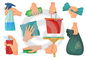 Cleaning products in hands. Hand hold detergent, housework supplies and cleanup rag cartoon vector illustration set photo