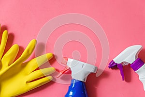 Cleaning Products. Home Cleaning Concept. Pink Background. Typography and Logo. Copy space. Flat Lay. Top View.