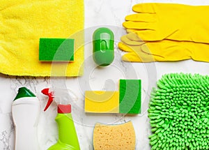 Cleaning products household chemicals spray brush sponge glove
