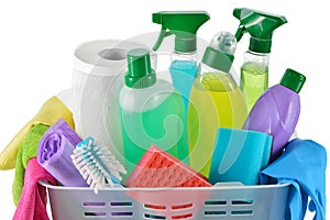 Cleaning products and supplies in a basket.