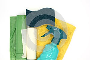 Cleaning products on white background