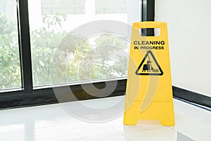 Cleaning progress caution sign in office