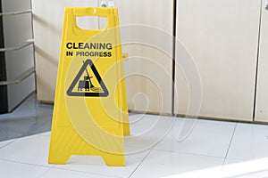 Cleaning progress caution sign in office