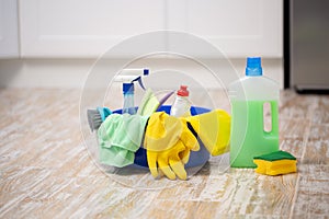 Cleaning and repair products, household chemicals, rubber gloves, basin for cleaning the apartment and office