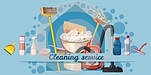 Cleaning service banner horizontal, cartoon style photo