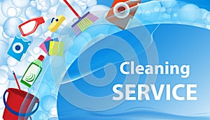 Cleaning service blue background. Banner or poster with soap bubbles and tools, cleaning products for cleanliness. Vector