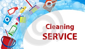 Cleaning service blue background. Poster or banner with soap bubbles and tools, cleaning products for cleanliness. Vector