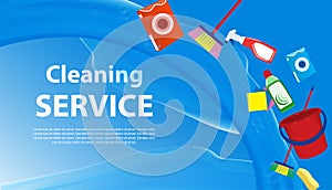 Cleaning Service blue background with a splash of water. Banner or poster with tools and cleaning products for cleanliness. Vector