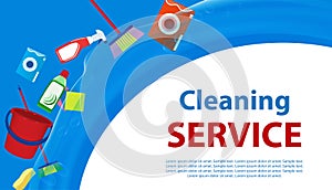 Cleaning Service blue and white background. Poster or banner with tools and cleaning products for cleanliness. Vector