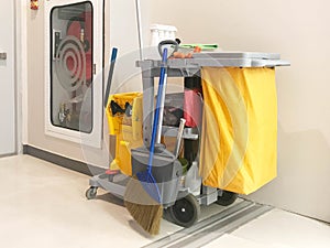 Cleaning service cart wait for cleaning. Bucket and set of clean