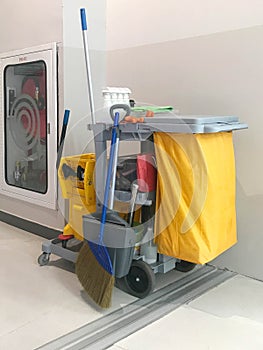 Cleaning service cart wait for cleaning. Bucket and set of clean