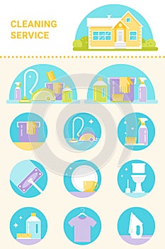 Cleaning Service, Cleaning Agents and Tools Illustrations and Icons Vector Set photo