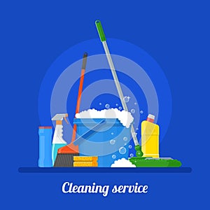 Cleaning service company concept vector illustration. House tools poster design in flat style