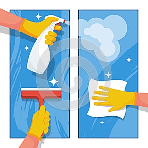 Cleaning service. A company of professional cleaners washes the window.