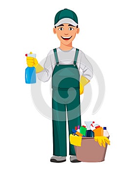 Cleaning service concept. Cheerful cartoon character