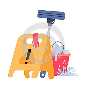 Cleaning service concept. Creative modern web banner - Yellow Caution wet floor sign, plastic red bucket, mop, latex