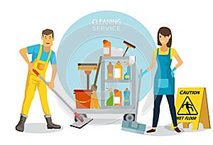 Cleaning service concept. A man and woman worker of cleaning service is holding a mop with caution wet floor sign. Vector