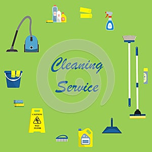 Cleaning service concept. Text surrounded by objects for cleaning