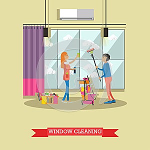 Cleaning service concept vector illustration in flat style. Housekeeping company team at work.