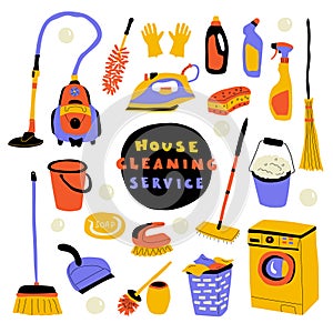 Cleaning service, cute doodle set with lettering. Funny cartoon housecleaning. Hand drawn vector illustration