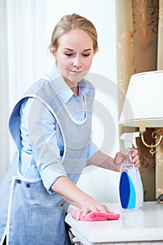 Cleaning service. hotel staff removing dust