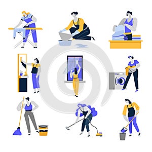 Cleaning service and household isolated icons, women or housewives