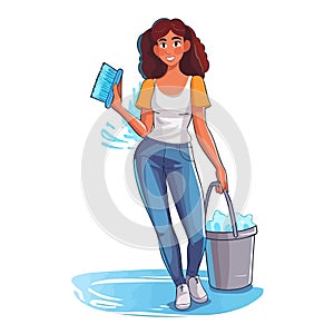 cleaning service housemaid cartoon woman holding bucket and scrub brush isolated on white background