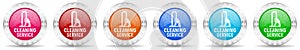 Cleaning service icon set in 6 color options. Christmas design glossy web buttons. Winter concept illustration with snowflakes