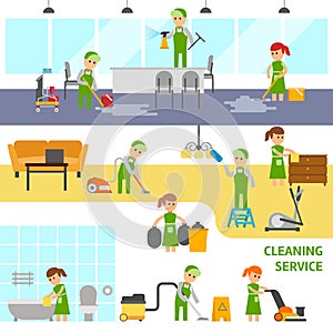 Cleaning service infographic elements. Cleaners vector flat illustration.