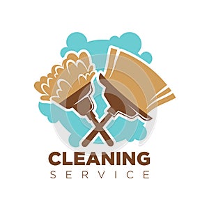 Cleaning service isolated logotype with broom and mop on white