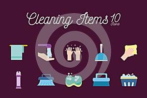 10 Cleaning service items flat style icon set vector design