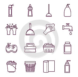 Cleaning service items line style icon set vector design
