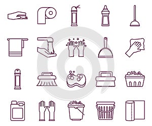 Cleaning service items line style icon set vector design