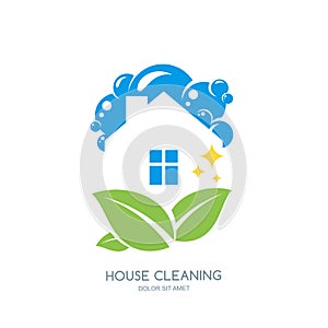 Cleaning service logo, emblem or icon design template. Clean house and green leaves illustration.