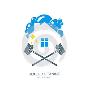 Cleaning service logo, emblem or icon design template. Clean house and mops illustration.