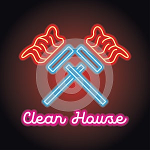 Cleaning service logo for home and office service with neon light effect. vector illustration