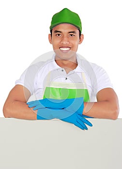 Cleaning service man presenting