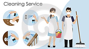 Cleaning service man and woman with infographics of cleaning point areas.