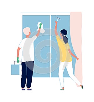 Cleaning service. People washing windows. Man and woman clean house, household vector illustration