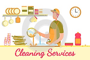 Cleaning Service, Person Washing Up Dirty Dishes.