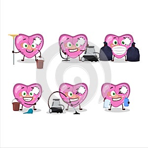 Cleaning service pink broken heart love cute cartoon character using mop