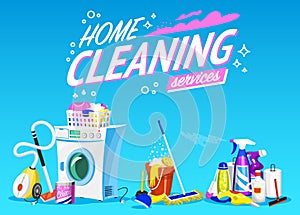 Cleaning service Poster. Home tools Banner. Washing machine, Detergents Cleanser, Water bucket for Mopping, Vacuum