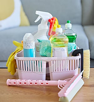 Cleaning service, product basket cleaner on living room table with home, house or lounge advertising and marketing
