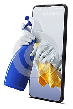 Cleaning service and products. Hands with gloves, rags and spray bottle from the smart phone isolated on white background,